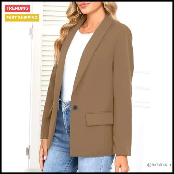 Long Sleeve Blazer Open Front Business Casual Slim Fit Polyester Classic